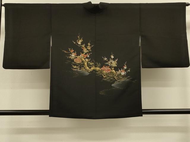 平和屋着物#羽織 寿光織 文箱枝梅文 黒地 金銀糸 正絹 逸品 CABK3295in