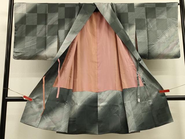 平和屋着物#染色家 岩浅公展 道中着 市松霞文 暈し染め 伊と幸 証紙付き ロング丈 正絹 逸品 未使用 CABK3298in
