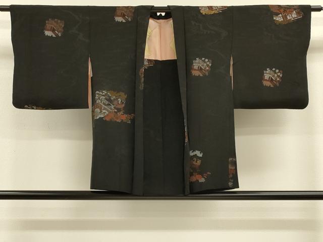平和屋着物#羽織 寿光織 色紙風景花文 黒地 金銀糸 正絹 逸品 CABK3320in