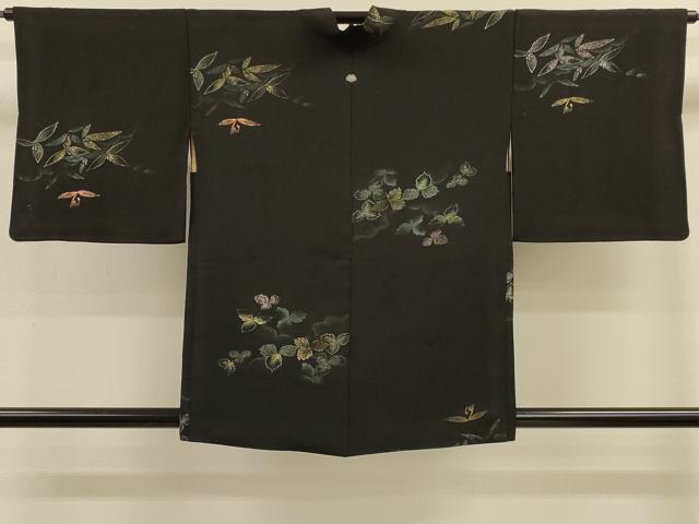 平和屋着物#道行コート 寿光織 草葉文 黒地 金糸 正絹 逸品 CABK3321in