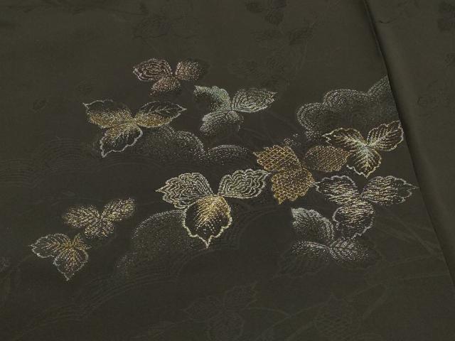 平和屋着物#道行コート 寿光織 草葉文 黒地 金糸 正絹 逸品 CABK3321in