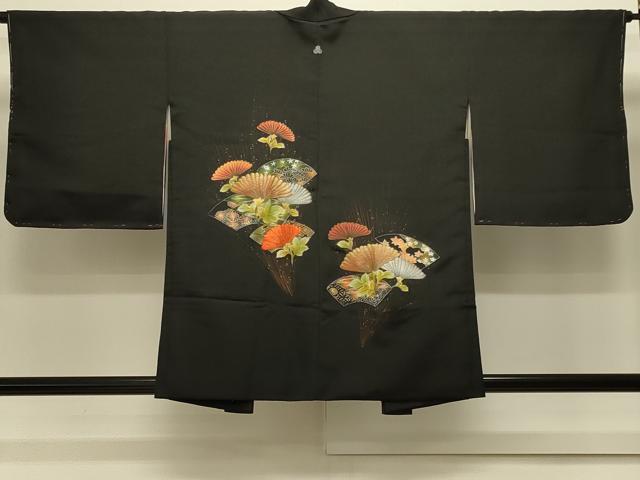 平和屋着物#羽織 刺繍 地紙草花文 黒地 金銀彩 正絹 逸品 未使用 CABK3342in
