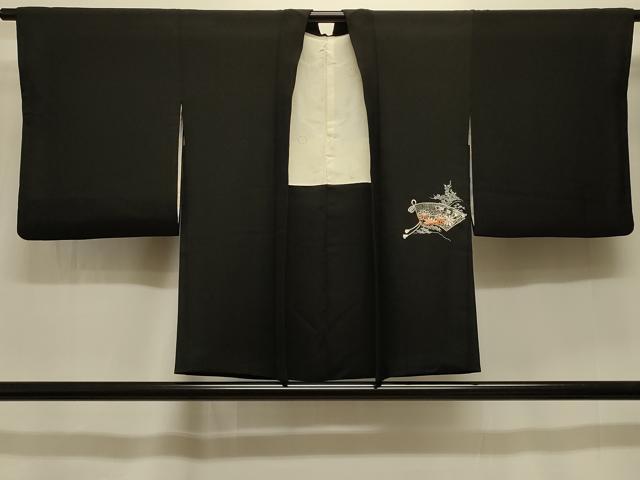 平和屋着物#羽織 刺繍 地紙風景花文 黒地 正絹 逸品 CABK3359in