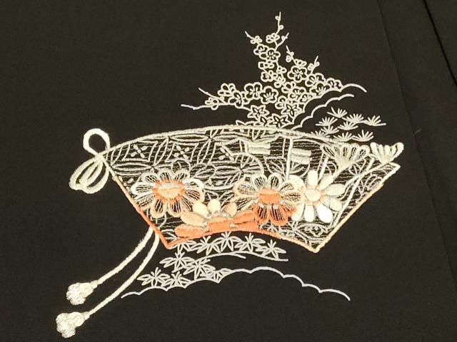 平和屋着物#羽織 刺繍 地紙風景花文 黒地 正絹 逸品 CABK3359in