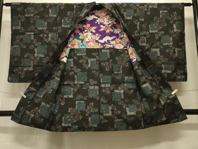 平和屋着物#羽織 破れ色紙花鳥文 黒地 正絹 逸品 CABK3367in