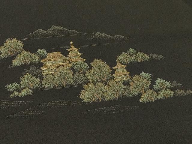 平和屋着物#羽織 寿光織 風景文 黒地 金糸 正絹 逸品 未使用 CABK3472in