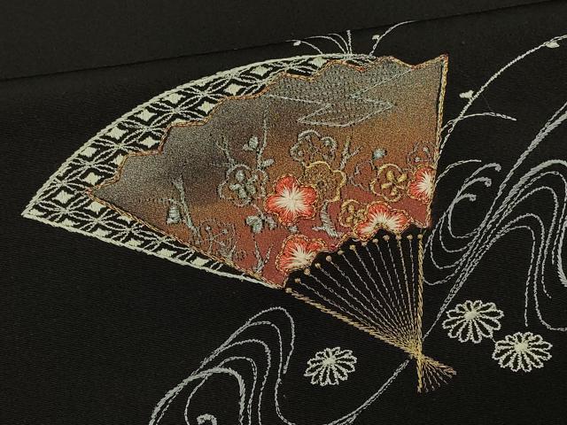 平和屋着物#羽織 駒刺繍 総刺繍 流水扇面花文 黒地 正絹 逸品 CABK3492in