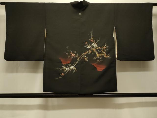 平和屋着物#羽織 寿光織 枝花文 黒地 金糸 正絹 逸品 CABK3516in
