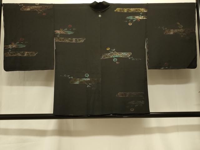 平和屋着物#羽織 寿光織 枝花文 黒地 金銀糸 正絹 逸品 未使用 CABK3534in