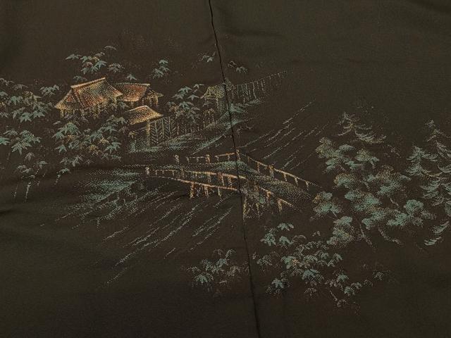 平和屋着物#羽織 寿光織 風景文 黒地 金糸 正絹 逸品 CABK3544in