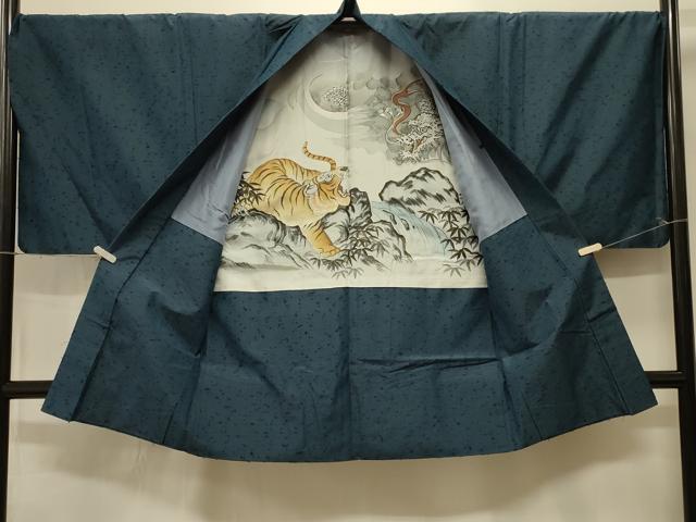 平和屋着物#男性 長羽織 ひげ紬 高麗納戸色 羽裏:虎・龍 キングサイズ 正絹 逸品 CABK3566in
