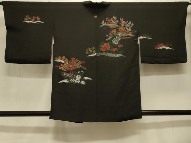平和屋着物#羽織 寿光織 風景花文 黒地 銀糸 正絹 逸品 CABK3579in