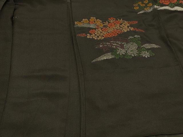 平和屋着物#羽織 寿光織 風景花文 黒地 銀糸 正絹 逸品 CABK3579in