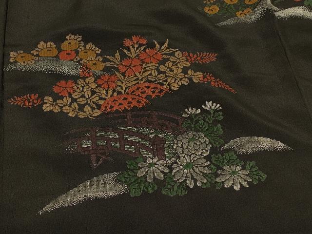 平和屋着物#羽織 寿光織 風景花文 黒地 銀糸 正絹 逸品 CABK3579in