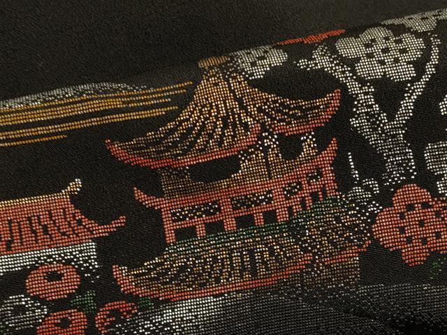 平和屋着物#羽織 寿光織 風景花文 黒地 銀糸 正絹 逸品 CABK3579in
