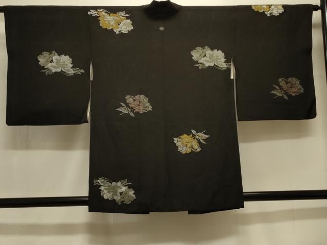 平和屋着物#羽織 寿光織 草花文 黒地 金銀糸 正絹 逸品 CABK3582in