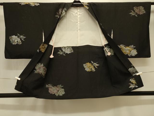 平和屋着物#羽織 寿光織 草花文 黒地 金銀糸 正絹 逸品 CABK3582in