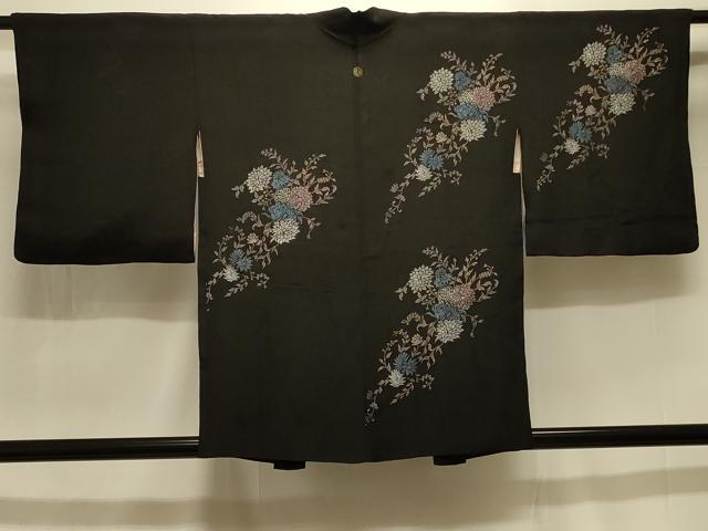 平和屋着物#羽織 草花文 黒地 銀彩 正絹 逸品 CABK3584in