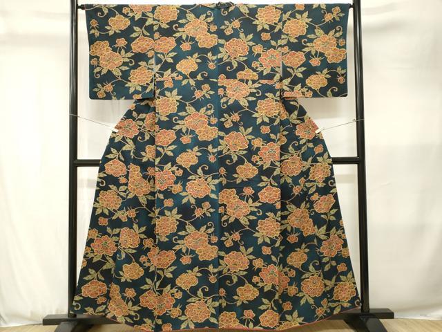 平和屋着物■上質な小紋 紬地 花唐草文 正絹 逸品 CABK3628ev