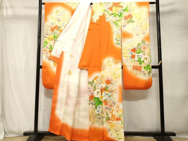 平和屋着物■豪華振袖 刺繍 尾長鳥草花文 暈し染め 正絹 逸品 CABK3629ev