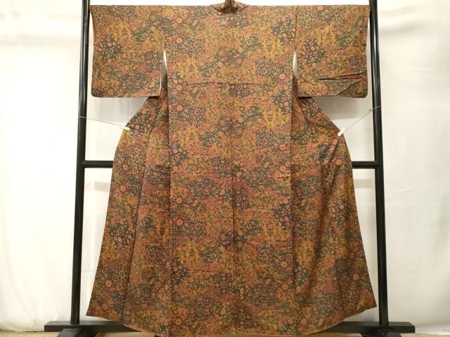 平和屋着物■上質な小紋 切嵌更紗花文 正絹 逸品 CABK3786ev
