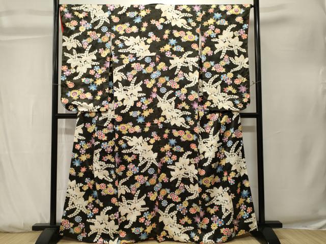 平和屋着物■小振袖 桐 草花文 黒地 正絹 逸品 CABK3846ev