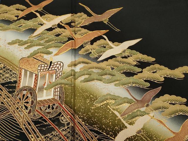 平和屋着物■豪華黒留袖 作家物 駒刺繍 御所車浜松飛鶴文 暈し染め 金彩 正絹 逸品 CABK3882ev