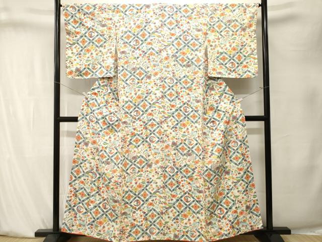 平和屋着物■上質な小紋 型染め 松竹梅地紙花鳥文 正絹 逸品 CABK4059ev
