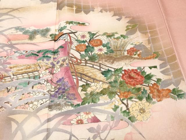 平和屋着物■訪問着 几帳草花文 シルエット 暈し染め 正絹 逸品 CABK4089ev