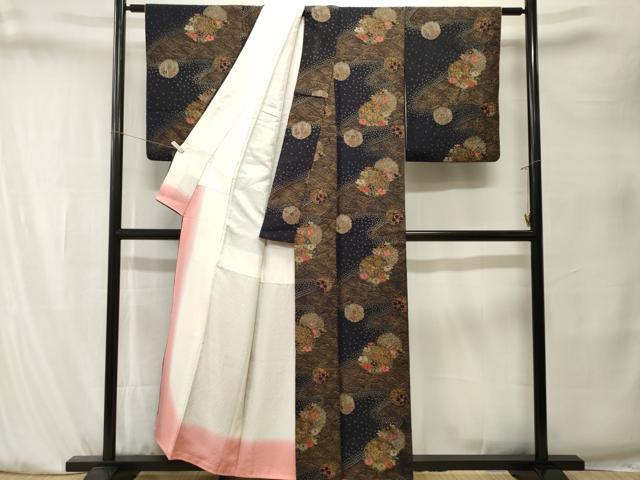 平和屋着物■上質な小紋 絞り ふくれ織 立波雪輪草花文 黒地 金彩 正絹 逸品 CABK4106ev