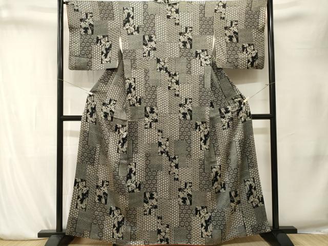 平和屋着物■上質な小紋 色紙重ね吉祥花文 黒地 正絹 逸品 CABK4151ev