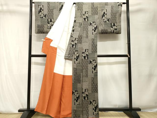 平和屋着物■上質な小紋 色紙重ね吉祥花文 黒地 正絹 逸品 CABK4151ev
