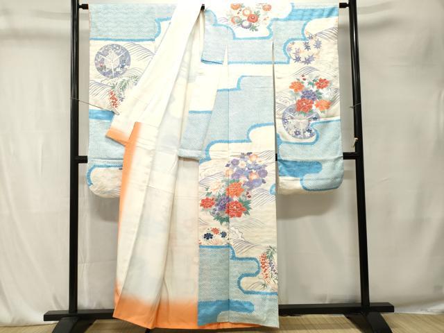 平和屋着物■豪華振袖 駒刺繍 絞り 流水草花文 銀彩 正絹 逸品 CABK4208ev
