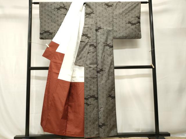 平和屋着物■上質な紬 麻の葉文様 正絹 逸品 CABK4387ev