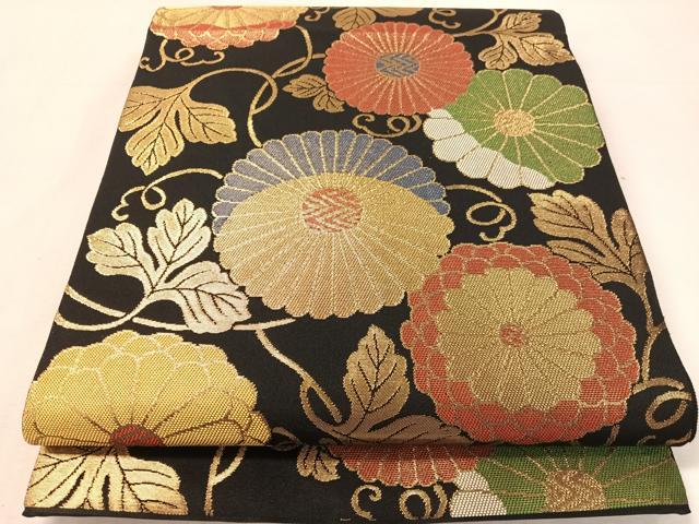 平和屋着物●六通柄 本袋帯 菊花文 黒地 金糸 正絹 逸品 CABK4402vp