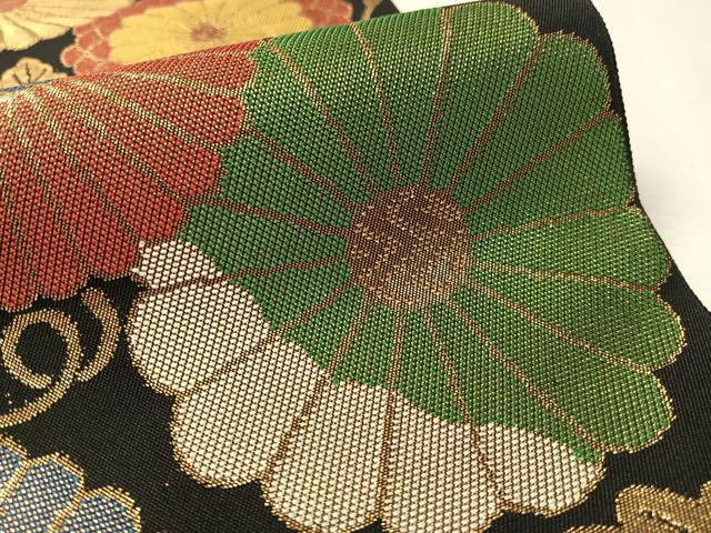 平和屋着物●六通柄 本袋帯 菊花文 黒地 金糸 正絹 逸品 CABK4402vp