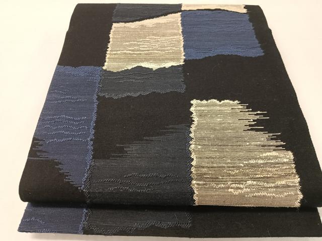 平和屋着物●全通柄袋帯 紬地 羽衣伝説 石畳文 黒地 正絹 逸品 CABK4406vp