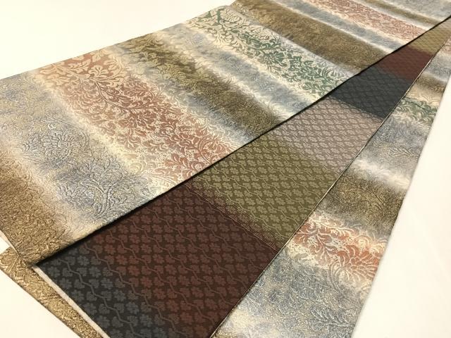 平和屋着物●両面 全通柄袋帯 横段更紗文 金糸 正絹 逸品 未使用 CABK4408vp