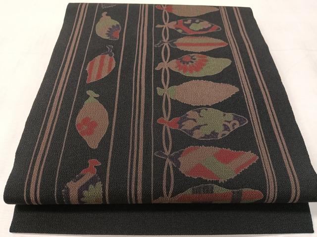 平和屋着物●九寸開き名古屋帯 成り物 黒地 鬼しぼ縮緬 正絹 逸品 CABK4412vp