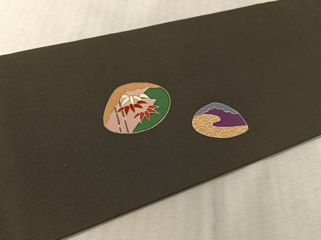 平和屋着物●塩瀬 九寸名古屋帯 駒刺繍 貝合せ花文 黒地 金彩 正絹 逸品 CABK4421vp