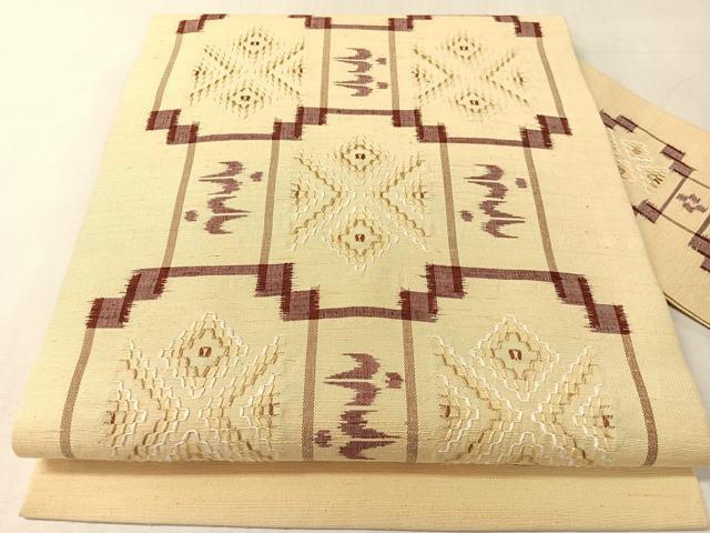 平和屋着物●九寸名古屋帯 紬地 花織 絣文様 正絹 逸品 CABK4427vp