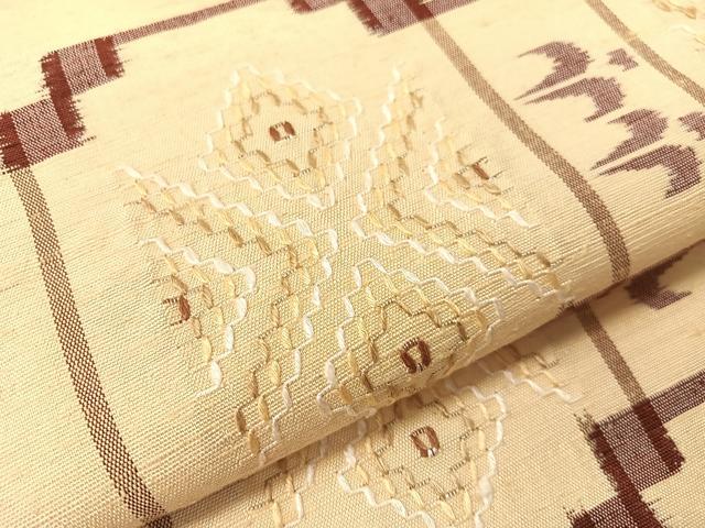 平和屋着物●九寸名古屋帯 紬地 花織 絣文様 正絹 逸品 CABK4427vp