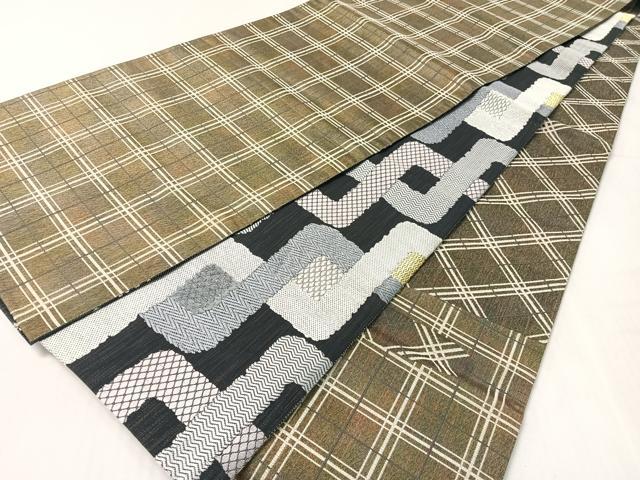 平和屋着物●両面双図 全通柄袋帯 モール 幾何学文様 金銀糸 長尺 正絹 逸品 CABK4432vp
