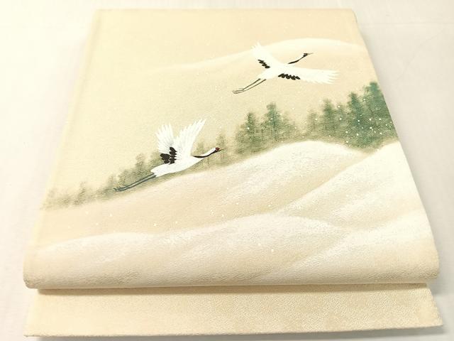 平和屋着物●太鼓柄袋帯 手描き 飛鶴雪景色 正絹 逸品 未使用 CABK4434vp