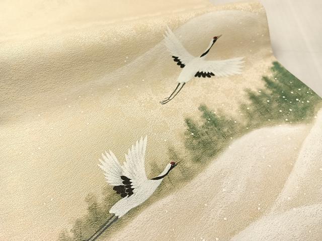 平和屋着物●太鼓柄袋帯 手描き 飛鶴雪景色 正絹 逸品 未使用 CABK4434vp