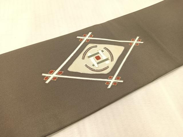 平和屋着物●塩瀬 九寸名古屋帯 駒刺繍 菱吉祥文 金彩 正絹 逸品 CABK4438vp