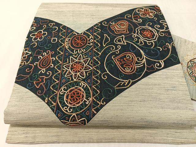 平和屋着物●中国三大刺繍 相良刺繍 総刺繍 九寸名古屋帯 紬地 切嵌 更紗唐草文 正絹 逸品 CABK4449vp
