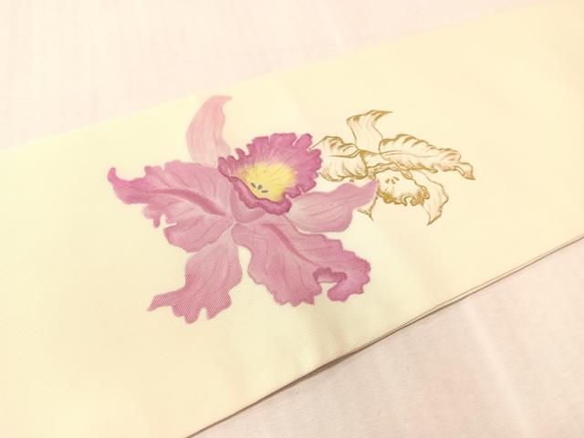 平和屋着物●塩瀬 九寸名古屋帯 作家物 カトレア 金彩 正絹 逸品 CABK4453vp