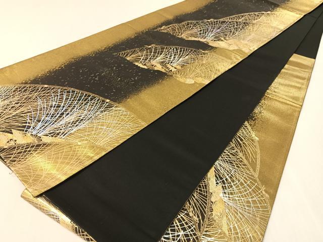 平和屋着物▼玉虫金彩 加藤信和 六通柄袋帯 螺旋 籬松竹梅花文 黒地 引箔 正絹 逸品 CABK4466vp