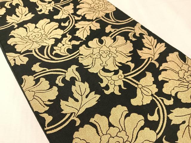 平和屋着物●爪掻き本綴れ 六通柄袋帯 更紗唐草文 黒地 金糸 正絹 逸品 CABK4470vp